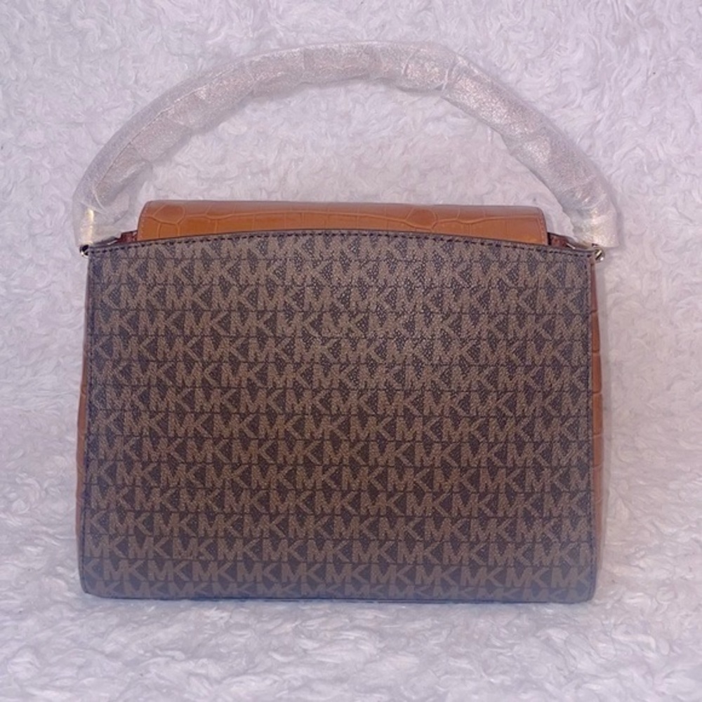 New Michael Kors Karlie Medium Studded Signature Logo Satchel in Chestnut Brown - Picture 11 of 17